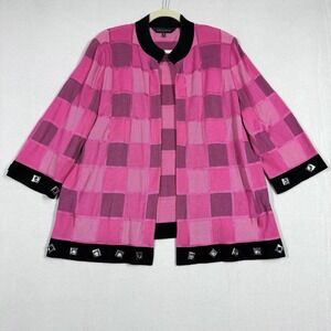 Ming Wang Jacket Womens 1X Statement Cardigan Pink Black Check Geometric Open